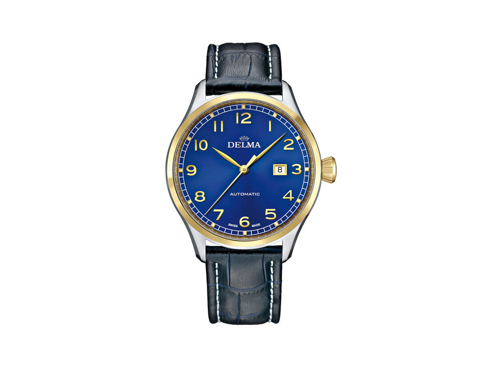 Delma Aero Pioneer Automatik Uhr, Blau, 45 mm, Lederband, 52601.570.6.042