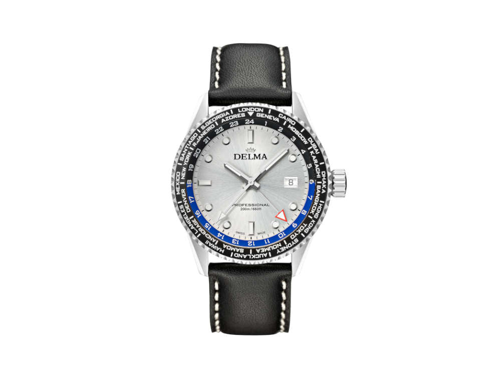 Delma Diver Cayman Worldtimer Quartz Uhr, Silber, 42 mm, 20 atm, 41601.712.6.061