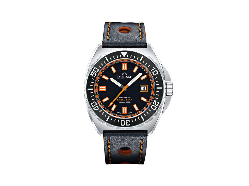 Delma Diver Shell Star Automatik Uhr, Schwarz, 44 mm, Lederband, 41601.670.6.031