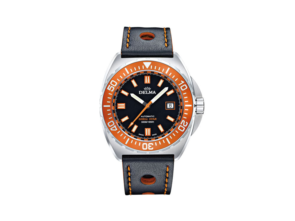 Delma Diver Shell Star Automatik Uhr, Schwarz, 44 mm, Lederband, 41601.670.6.151