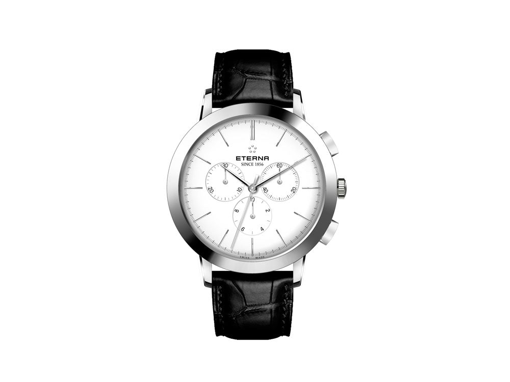 Eterna Eternity Quartz Uhr, Ronda 5040.B, 42mm, Weiss, Chronograph, Lederband