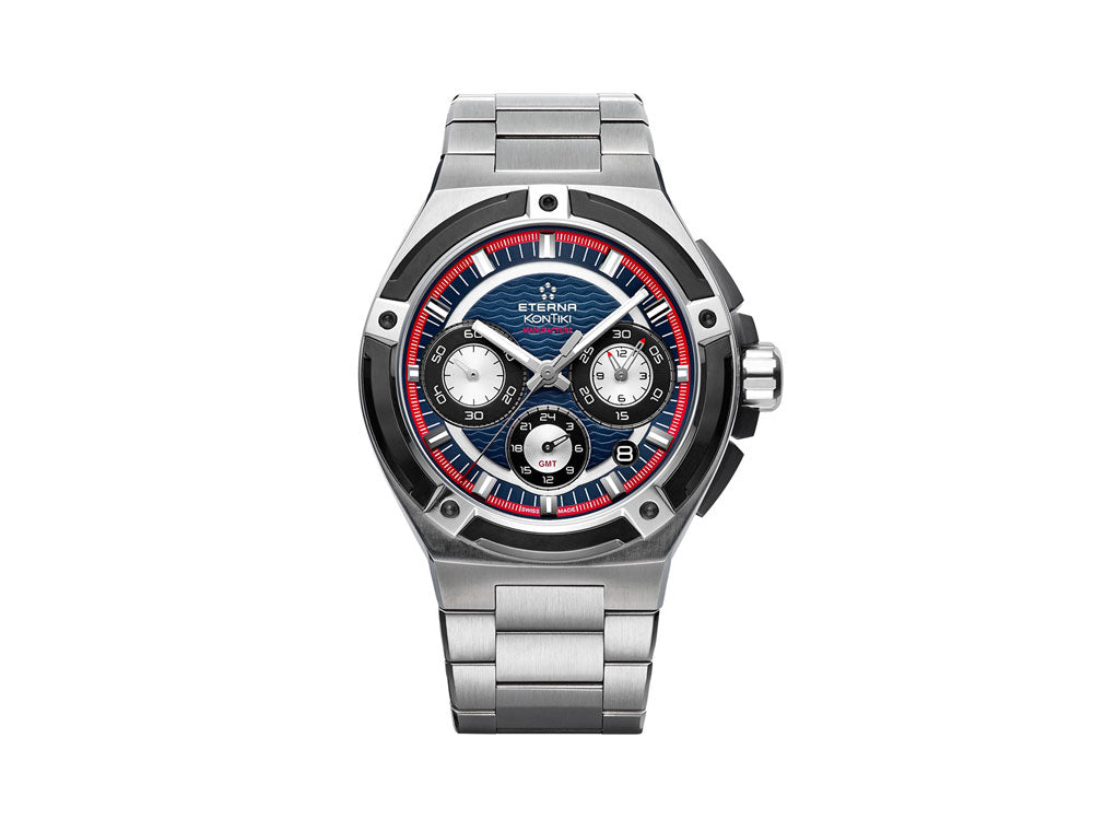 Eterna Royal KonTiki Chrono Flyback GMT Uhr, Blau, Stahlband, Limitierte Edition