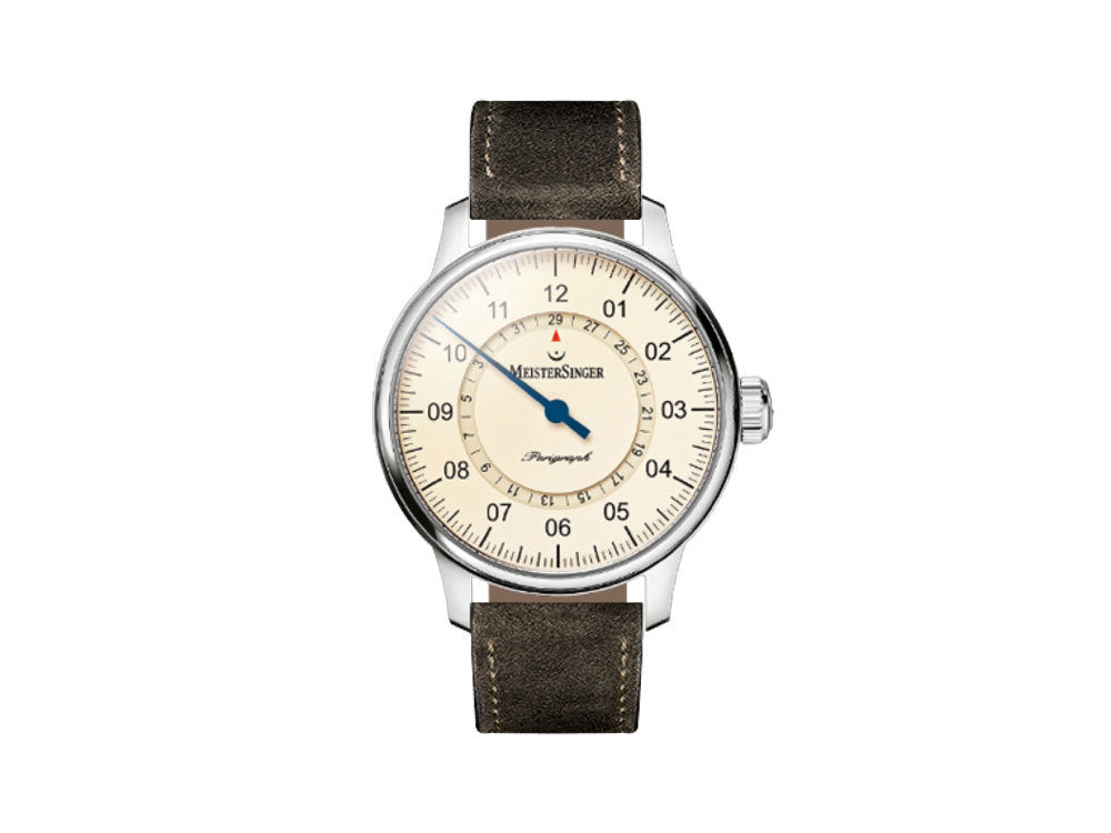 Meistersinger Perigraph Automatik Uhr, 43mm, Elfenbein, Lederband, AM1003-SV02