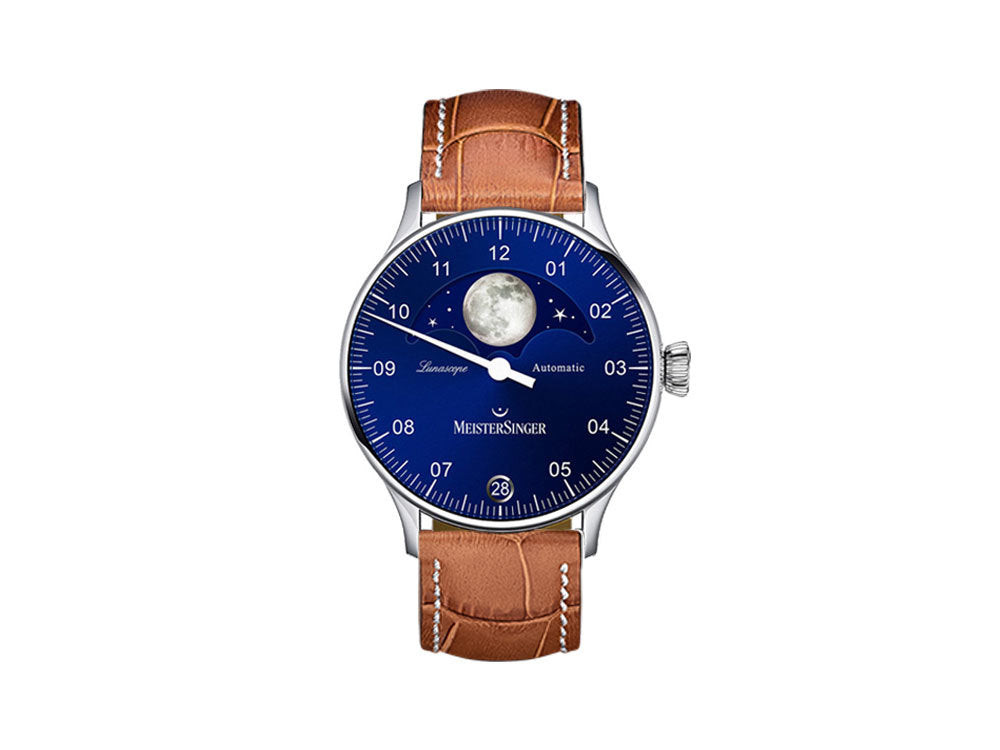 Meistersinger Lunascope Automatik Uhr, Blau, 40 mm, Cognac, Tag, LS908-SG03W