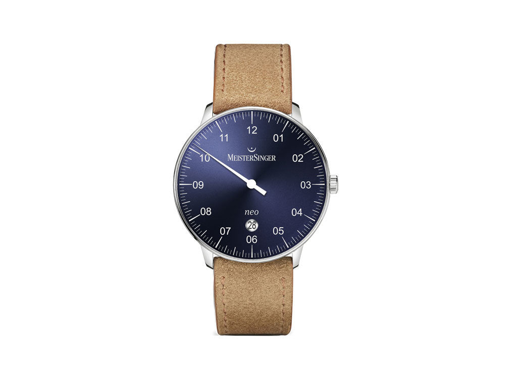 Meistersinger Neo Plus Automatik Uhr, ETA 2824-2, 40 mm, Blau, Cognac, Tag