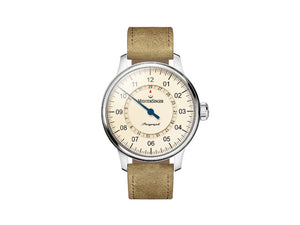 Meistersinger Perigraph Automatik Uhr, ETA 2824-2, 43mm, Elfenbein, Lederband