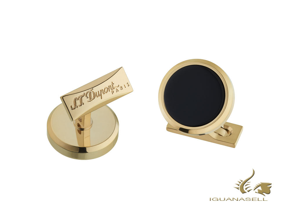 S.T. Dupont Round Manschettenknöpfe, Stahl und PVD Gold, schwarzer Lack, 005577