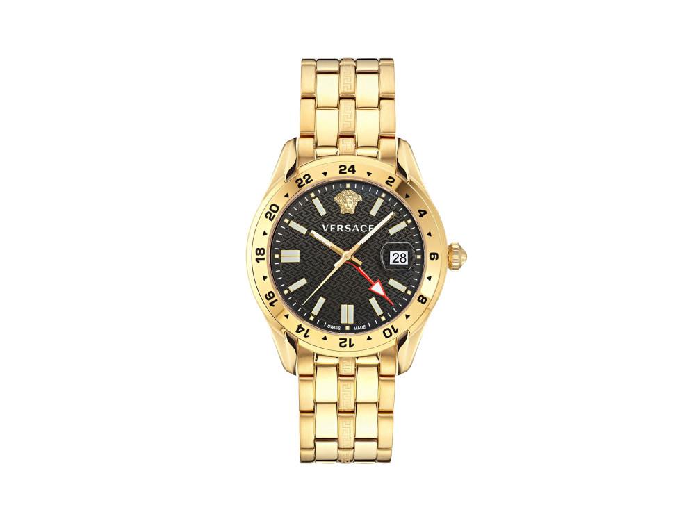 Versace Greca Time GMT Quartz Uhr, PVD Gold, Schwarz, 41 mm, VE7C00723