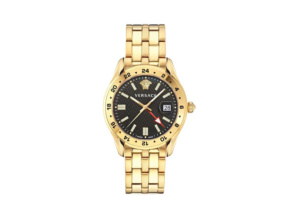 Versace Greca Time GMT Quartz Uhr, PVD Gold, Schwarz, 41 mm, VE7C00723