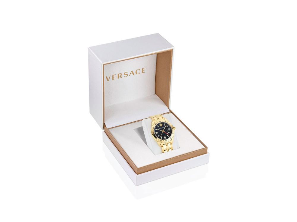 Versace Greca Time GMT Quartz Uhr, PVD Gold, Schwarz, 41 mm, VE7C00723