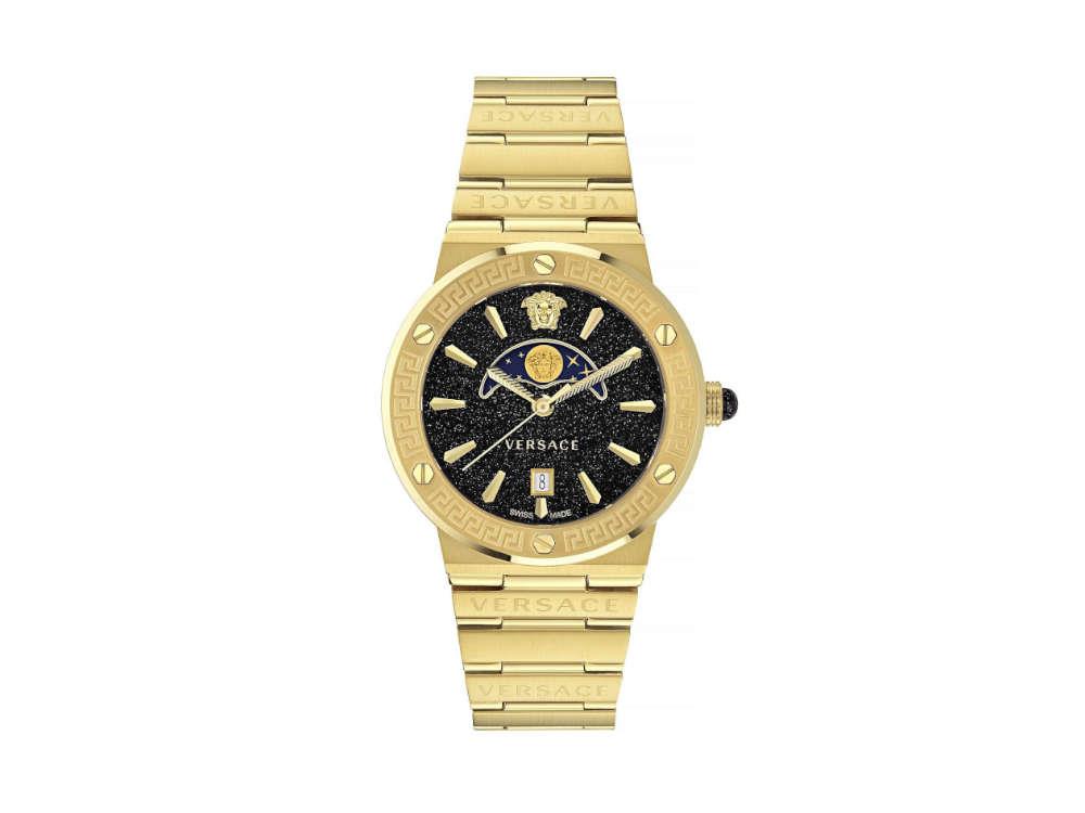 Versace Greca Logo Moonphase Quartz Uhr, PVD Gold, Schwarz, 38 mm, VE7G00323